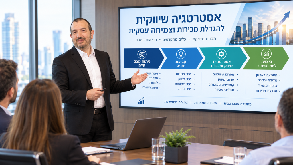 יועץ שיווק מציג תכנית שיווקית